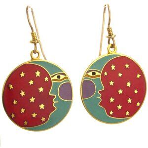 Vintage Laurel Burch "Moonface" Earrings, Moon Sky Stars Celestial 1980s Vintage